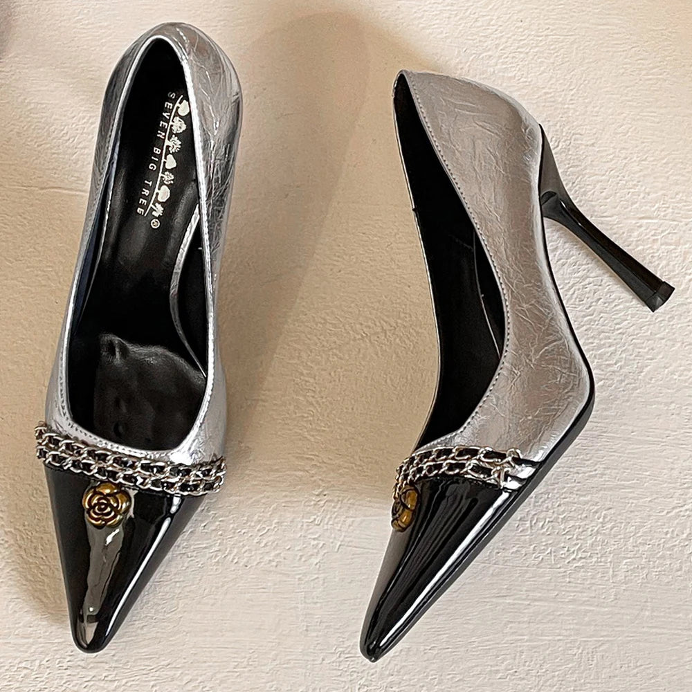 BIGTREE Shoes Women Pumps Metal Chain Design High Heels Color Blocking Ladies Shoes Luxury Banquet Shoes Stiletto Heels 10 CM
