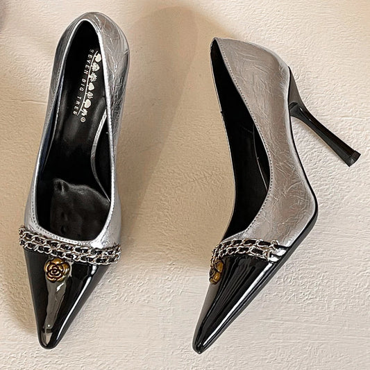 BIGTREE Shoes Women Pumps Metal Chain Design High Heels Color Blocking Ladies Shoes Luxury Banquet Shoes Stiletto Heels 10 CM