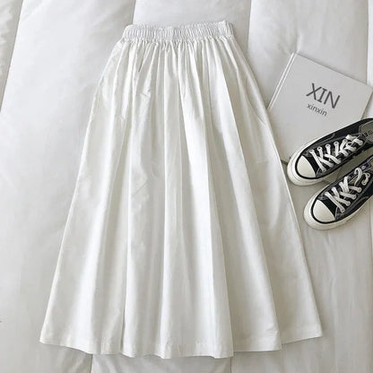 Women's White High Waist Long Skirt A-Line Knee-Length Casual Elegant with Pockets Pleated Fashion for Autumn