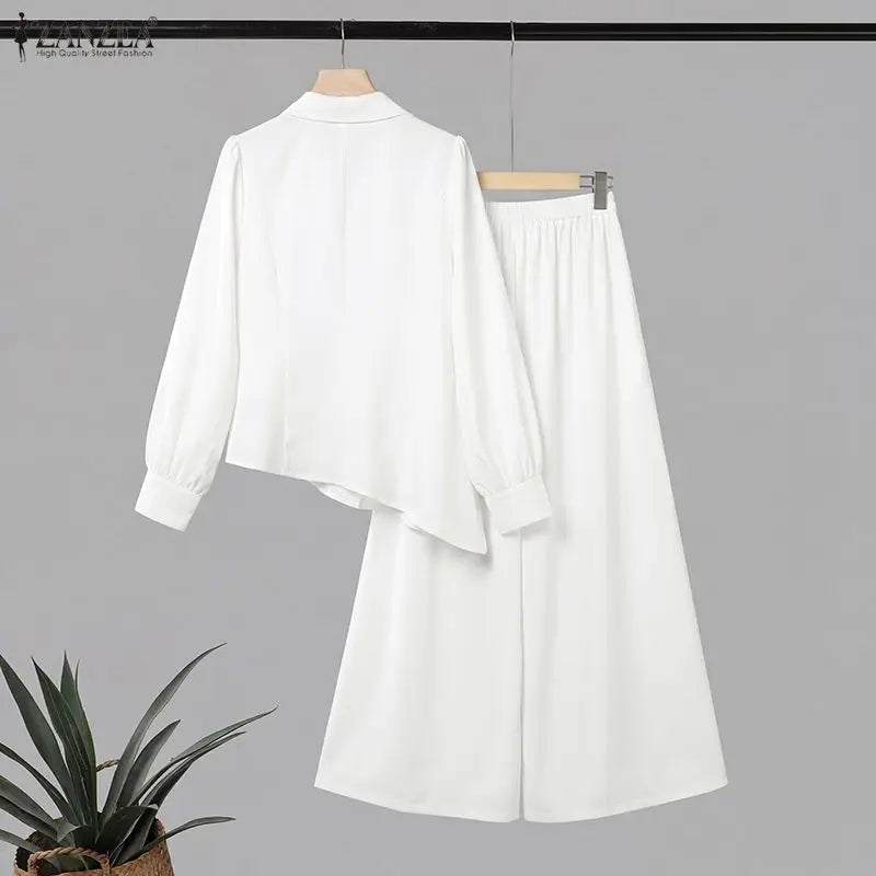 ZANZEA Women Two Piece Pants Suit Long Lantern Sleeve Asymmetrical Blouse Wide Leg Trousers Office Outfits Solid Matching Sets