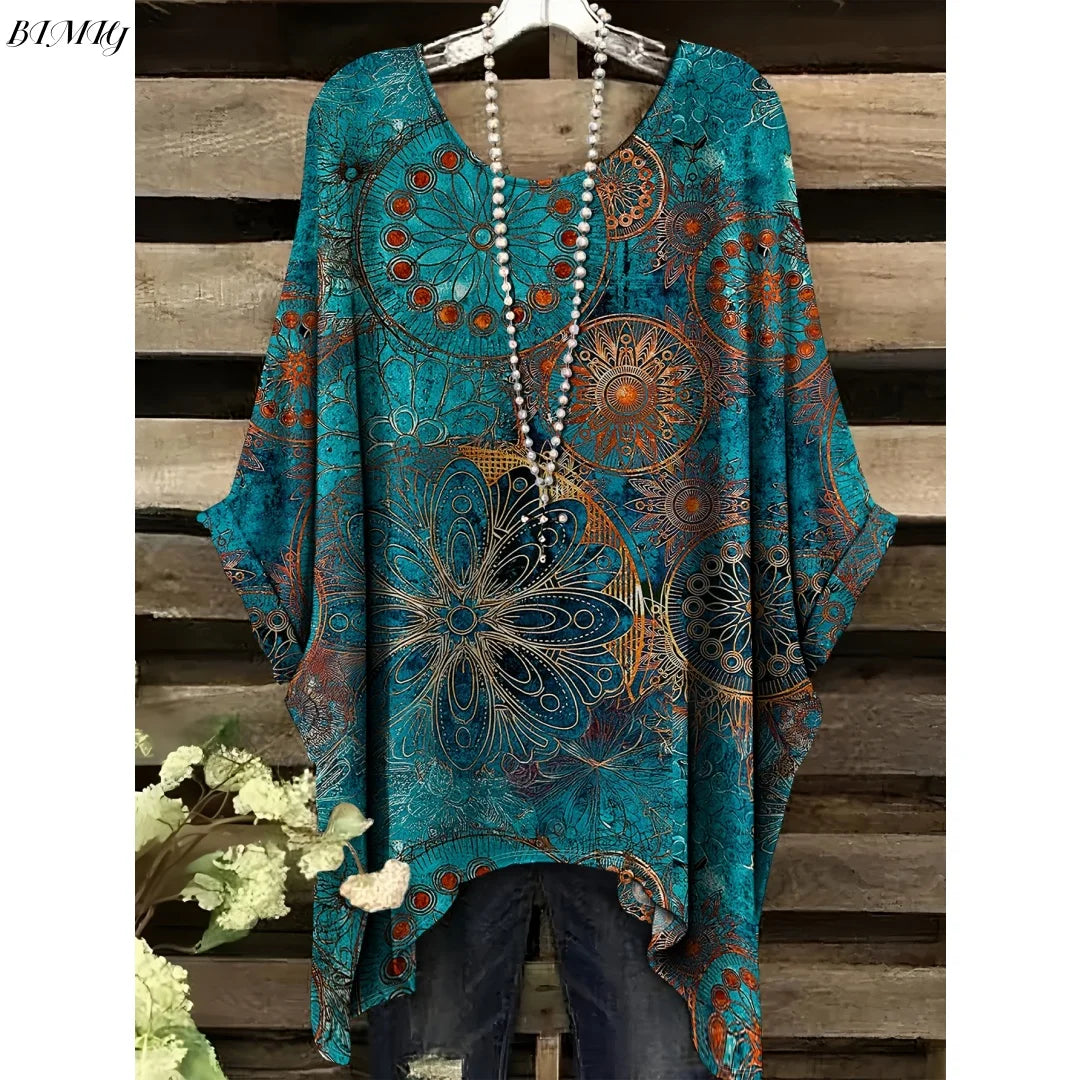 Bohemian Floral Tunic Plus Size Women's Bohemian Floral Print Tunic T-Shirt Short Sleeve Round Neck Casual Top Vibrant 2025