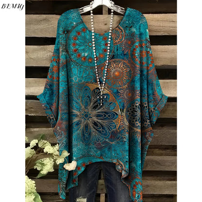 Bohemian Floral Tunic Plus Size Women's Bohemian Floral Print Tunic T-Shirt Short Sleeve Round Neck Casual Top Vibrant 2025