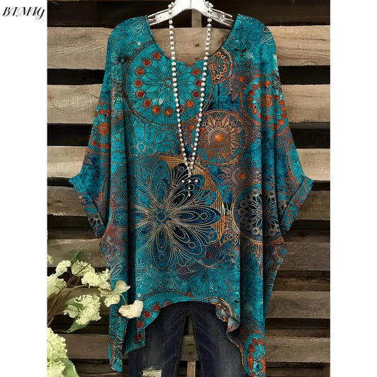 Bohemian Floral Tunic Plus Size Women's Bohemian Floral Print Tunic T-Shirt Short Sleeve Round Neck Casual Top Vibrant 2025
