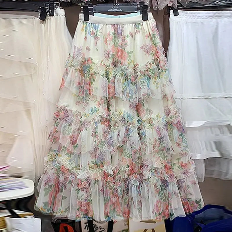 Elegant Long 2025 Patchwork  Flower Print Tulle Skirt plus Size Women's Cake Style Half Body Fairy Tale Skirts