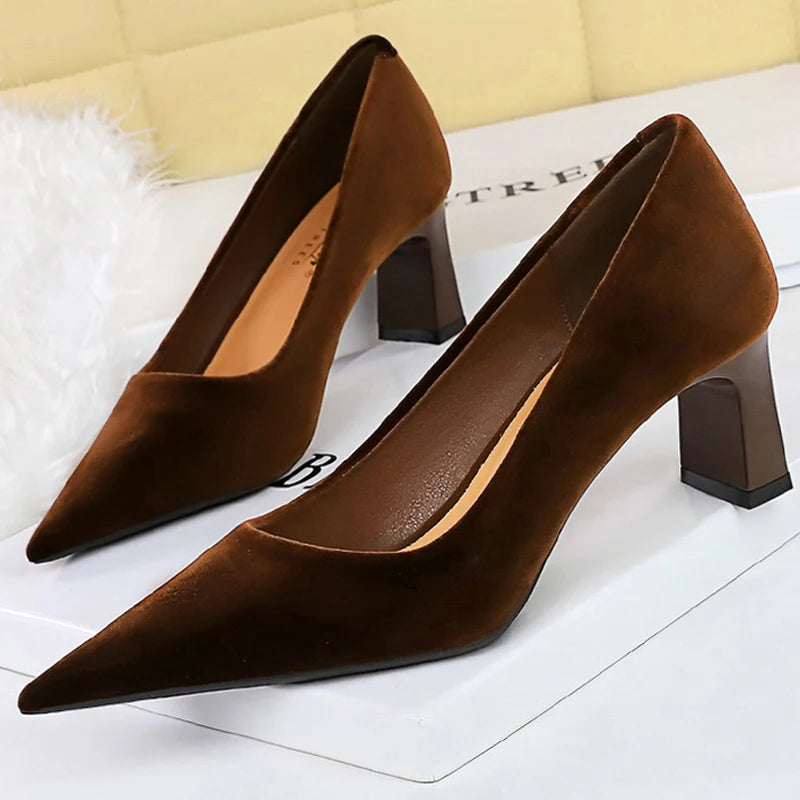 BIGTREE Shoes Suede Women Pumps Thick Heel Ladies Shoes Pointed High Heels Fashion Banquet Shoes Sexy Party Shoes Kitten Heels