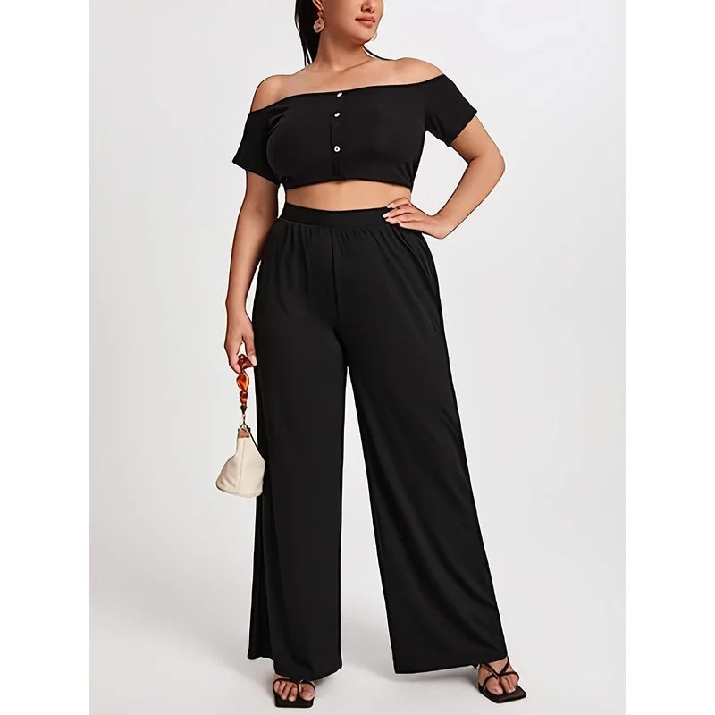 2026 Plus Size Women's Elastic Waist Wide Leg Pants With Pockets