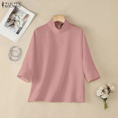 ZANZEA Woman Plus Size Blouses Casual Mock Neck 3/4 Sleeve Loose Solid Shirts Autumn 2026 Vintage Daily Wear Blusas Mujer 5XL