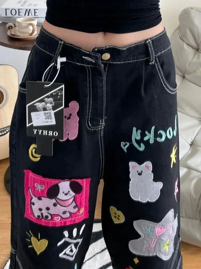 New Summer Cartoon Embroidery Patch Women Casual Loose Medium Pants Harajuku Gothic Black Men and Women Shorts