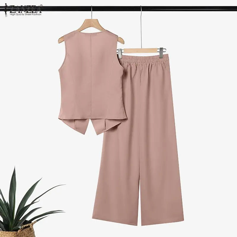 ZANZEA Women Summer Matching Pant Sets Square Neck Vests & Elastic Waist Pants 2 Piece Suits Casual Office Work Commute Outfits