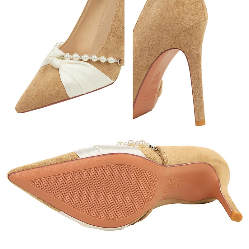Luxury Women Pumps Pearl Chain Bowknot High Heels Suede Ladies Shoes Stiletto Heels 10 Cm Sexy Party Shoes Lady Banquet Shoes