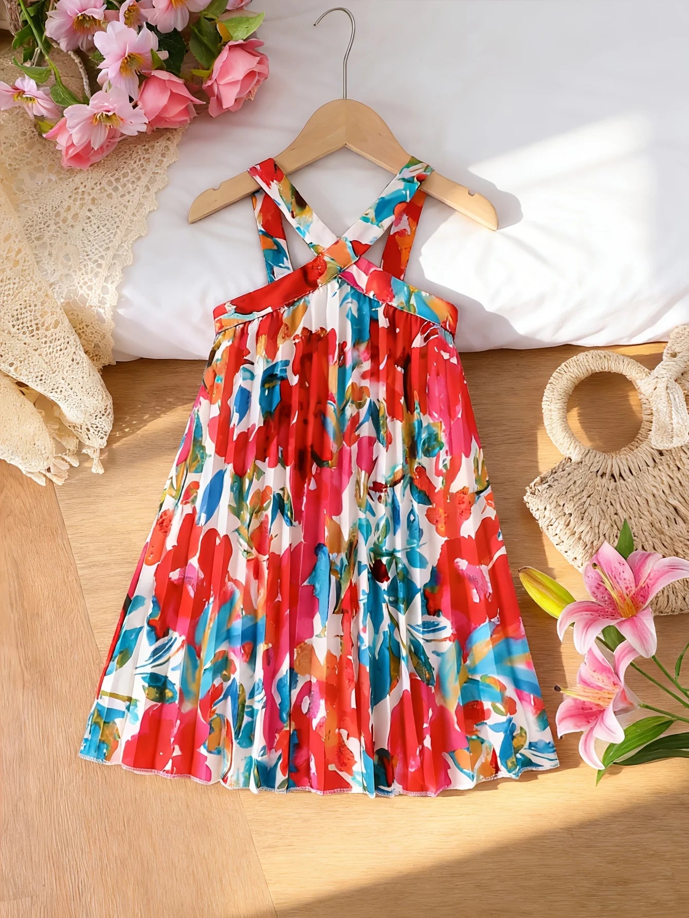 Girls' Summer Casual Vacation Style Sleeveless Tropical Floral Print Dress with Vitality and Freshness
