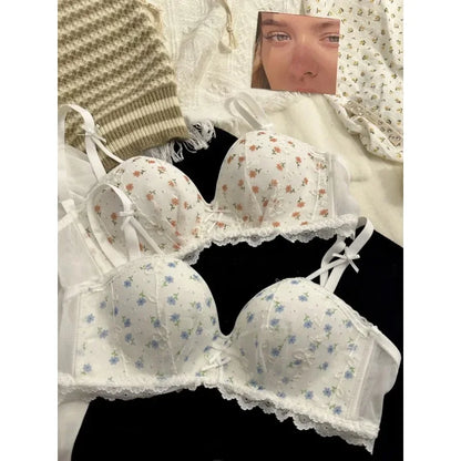 MOYISU JP & SK Lacy Lingerie Girl's Small Breast Pull Up No Underwire Top Support Anti-sag Retraction Sexy Floral Bra Cover Set