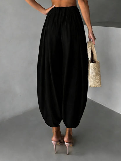 Summer Women's Clothing Loose Fit Harem Pants Retro Wide Leg Trousers With Elastic Waist Vintage Polyester Ice Silk Long Pants