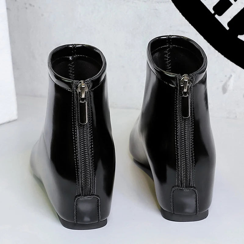 BIGTREE Shoes Patent Leather Short Boots Women Wedges Shoes Rear Zipper Short Leather Boots Low Heeled Women's Ankle Boots New