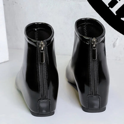 BIGTREE Shoes Patent Leather Short Boots Women Wedges Shoes Rear Zipper Short Leather Boots Low Heeled Women's Ankle Boots New