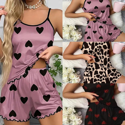 Women's Pajama Set Pajamas T-Shirts Shorts Pink Heart-Shaped Print Round Neck T-Shirt Ice Silk Top Comfortable Casual Summer ﻿