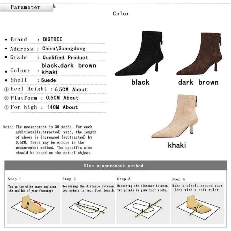 BIGTREE Shoes Retro Suede Pointed Toe Women Boots Rear Zipper Short Boots For Women Stiletto Heels 6.5 cm Sexy Lady Ankle Boots