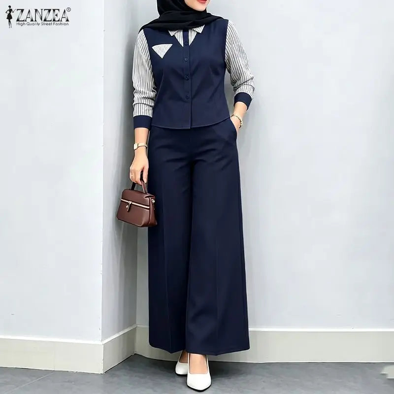ZANZEA Autumn Stripe Patchwork Long Sleeve Blouse Wide Leg Pants Sets Women Muslim Two Piece Suit Elegant Modest Ramadan Outfits