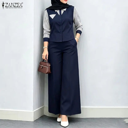 ZANZEA Autumn Stripe Patchwork Long Sleeve Blouse Wide Leg Pants Sets Women Muslim Two Piece Suit Elegant Modest Ramadan Outfits