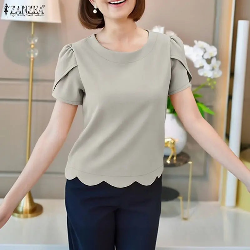 ZANZEA Women Elegant Scalloped Hem Blouses Short Petal Sleeves O-Neck Solid Color Tops Summer Casual Daily Wear Blusas de Mujer