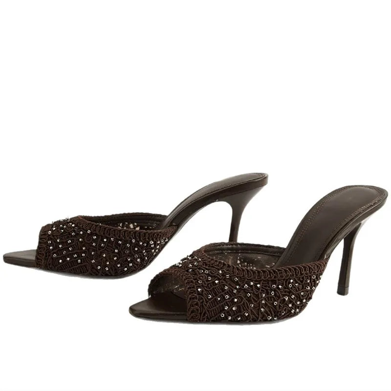 Brown Woven Mesh Women's Slippers Sexy Peep-Toe High Heels for Ladies Luxury Rhinestone Decoration Mules Sandals Elegant Shoes