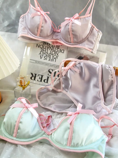 Oil painting girls Japanese bra small breasts gathered lingerie sexy retro satin with steel ring underwear set