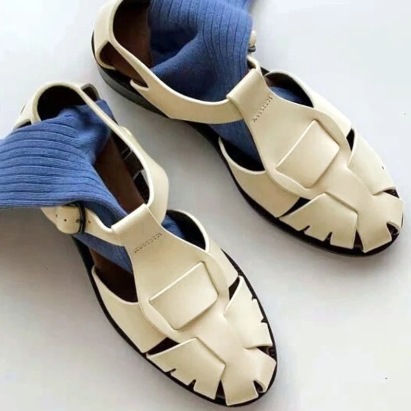 Fashion Woven Hollow Round Toe Roman Women Sandals Belt Buckle Back Strap Slide Sandals Summer Luxury Designer Non-slip Slippers