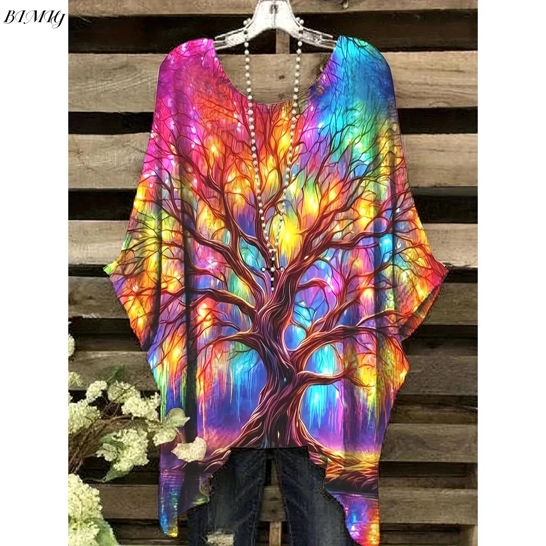 Bohemian Floral Tunic Plus Size Women's Bohemian Floral Print Tunic T-Shirt Short Sleeve Round Neck Casual Top Vibrant 2025