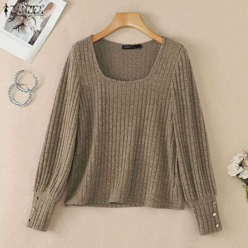 ZANZEA Woman Casual Ribbed Knit Blouses Suqare Neck Long Sleeve Solid Pullover Tops 2026 Autumn Daily Wear T-Shirts Streetwear