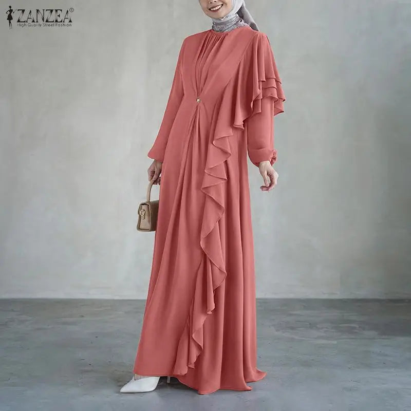 ZANZEA 2026 Women Elegant Long Sleeve Ruffled Dress Muslim Abaya Dress Ramadan Dubai Hijab Sundress IsIamic Robe Kaftan Vestidos