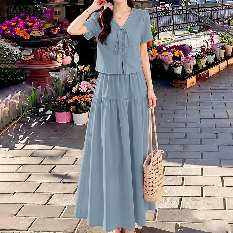 ZANZEA Summer 2PCS Outfits Stylish V Neck Short Sleeve Blouse Dress Sets Casual A Line Skirt Suit Elegant Women 2 Pieces Sets