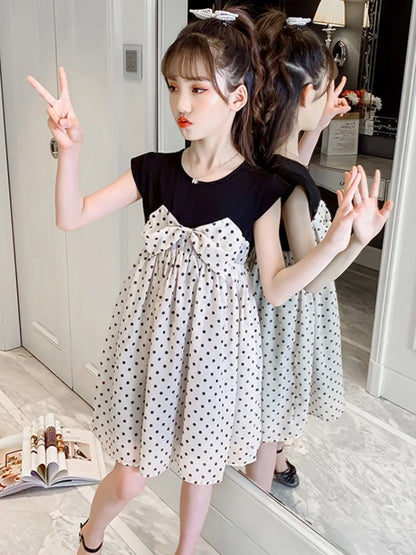 Sweet Polka Dot Midi Dress for Baby Girls Summer Clothes Girl's Elegant Dresses Children 7 8 Years Women's Cotton Linen 9 10 Kid