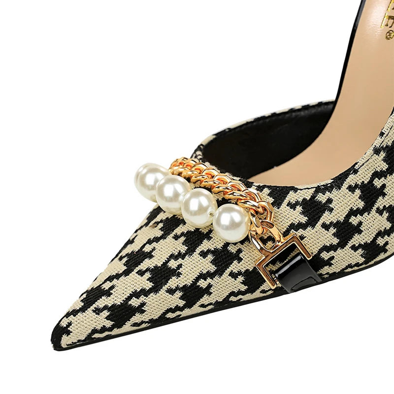 BIGTREE Shoes 2026 Spring Women Pumps Pearl Metal Chain High-heels Checked Grain Stilettos Women Heels Luxury Banquet Shoes 43