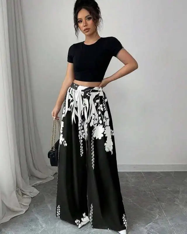 Women's Tropical Print Wide-Leg Pants, Elastic Waist Design, Slim Fit for Casual Vacation Wear