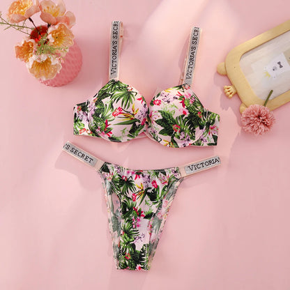 Victoria Secret Sexy Women Underwear Very Sexy Logo Shine Strap Tropical Floral Push Up Bra Shine Script Thong Panty
