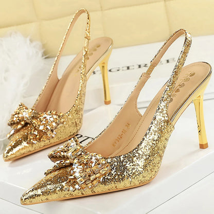 Luxury Women Pumps Sequin High Heels Rhinestone Bowknot Women Heels Shoes Stiletto 9 cm Sexy Party Shoes Shining Ladies Shoes