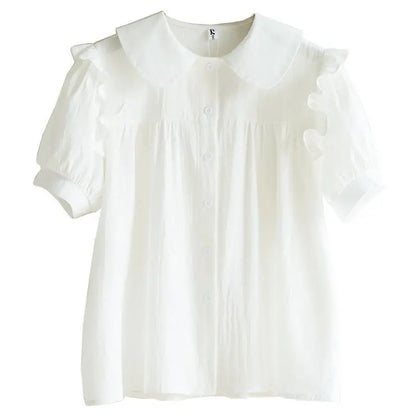 Girls' 2026 Summer Shirt Big Kids Doll Collar Pure Cotton Short Sleeve Blouse Solid Color Casual Top for School Daily Wear