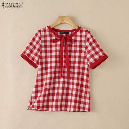 ZANZEA Women Summer Blouses Short Sleeve Blusas Elegant Office Work Tee Casual Plaid Tops O Neck Streetwear Oversize Tunic