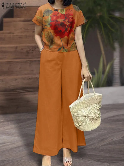 2PCS Women Outfits Summer Pant Sets Short Sleeve Blouse Loose Trousers Suit 2025 ZANZEA Casual Floral Matching Sets Tracksuit