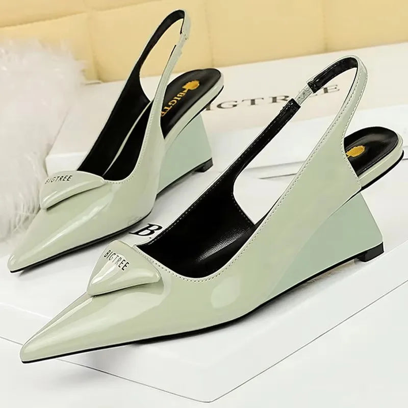 BIGTREE Shoes 2026 New Wedges Heels Women Patent Leather Woman Pumps Hollow Back Strap Women Sandals Elegant High Heels 6.5 Cm