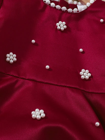 Baby Girl Birthday Dress Bubble Sleeves and Pearl Decal Wine Red Dress Suitable for 0-3 Year Old Daby Girls Party Princess Dress