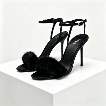 Sexy Open Toe Faux Fur High Heel Sandals Women Elegant Ankle Strap Buckle Stiletto Heels for Ladies Fashion Party Wedding Shoes