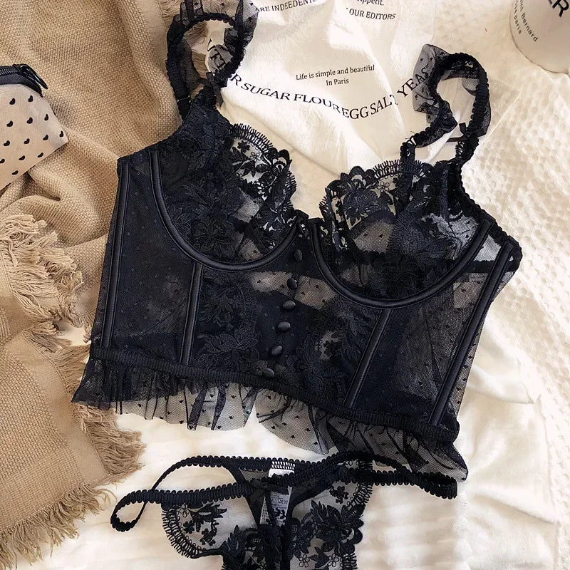 Hot Sale French Sexy Lingerie Set for Women Ultra Thin See Through Bra Panty Set Embroidery Lace Shaping Camisole Underwear Set