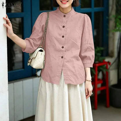 ZANZEA Women's Summer Cotton Shirts Minimalist Stand Collar 3/4 Puff Sleeve Button Up Tops Casual Loose Breathable Chemise Femme