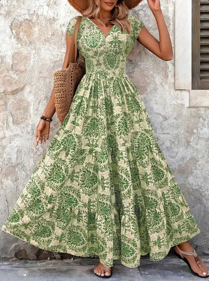 2026 Vintage Floral Print Dress Elegant V-Neck Short Sleeve Long Women's Fashion Retro Gown