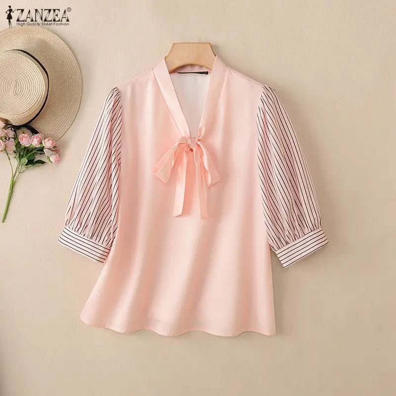 ZANZEA Women's Elegant Bow Tie Neck Blouses Summer Striped 3/4 Puff Sleeve Patchwork Casual Tops Office Commute Blusas de Mujer