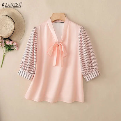 ZANZEA Women's Elegant Bow Tie Neck Blouses Summer Striped 3/4 Puff Sleeve Patchwork Casual Tops Office Commute Blusas de Mujer