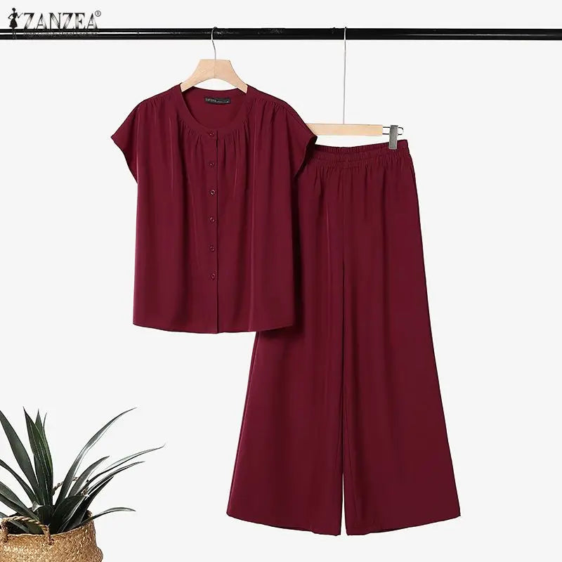 ZANZEA Women Minimalist Casual 2-Piece Sets Cap Sleeves O-Neck Shirt & Wide Leg Pant Matching Sets Summer Solid Commute Co-ords
