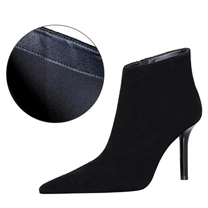 BIGTREE Shoes Suede Ankle Boots For Women Heels Winter Boots Pointed Stilettos High-heeled Boots Side Zipper Black Short Boots
