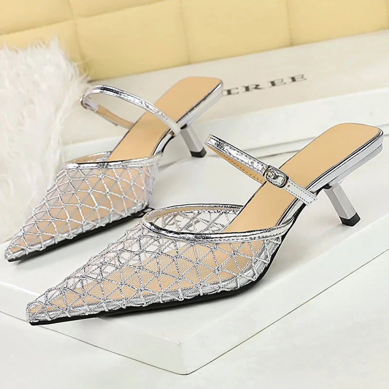 BIGTREE Shoes Mesh Lace Pointed Women Sandals Buckle Kitten High Heels Stiletto Summer Sexy Half Slipper Women Shoes Breathable